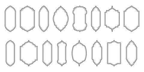 Islamic window line shape collection. Arabic, Muslim architecture outline frame Illustrazione stock