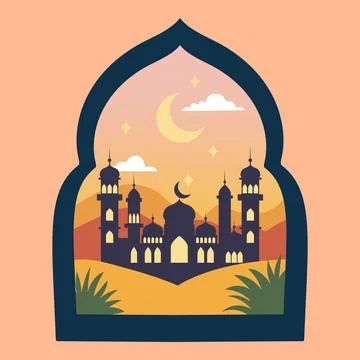 Islamic window with moon, mosque dome and stars. Desert landscape in oriental Stock Illustration