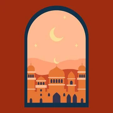 Islamic window with moon, mosque dome and stars. Desert landscape in oriental Stock Illustration
