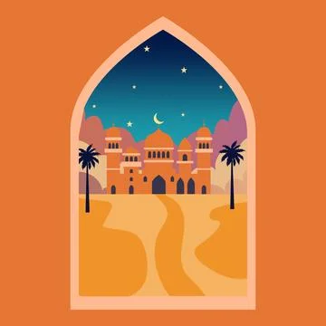 Islamic window with moon, mosque dome and stars. Desert landscape in oriental Stock Illustration