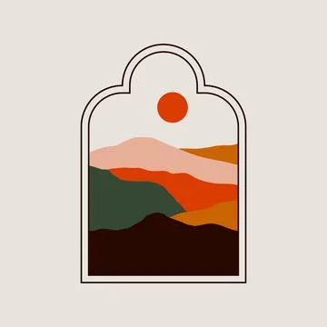 Islamic window mountain landscape. Modern arabian arch oriental style, abstract Stock Illustration