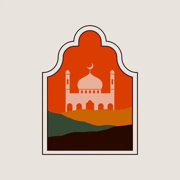 Islamic window mountain landscape. Modern arabian arch mosque dome oriental Stock Illustration