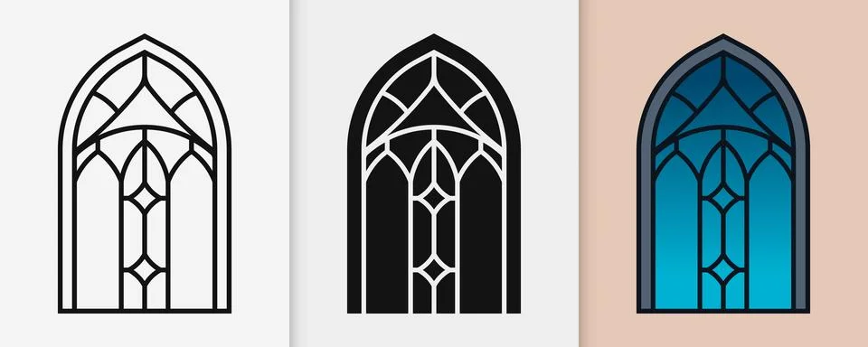 Islamic window outline and silhouette set with isolated flat illustration Stock Illustration