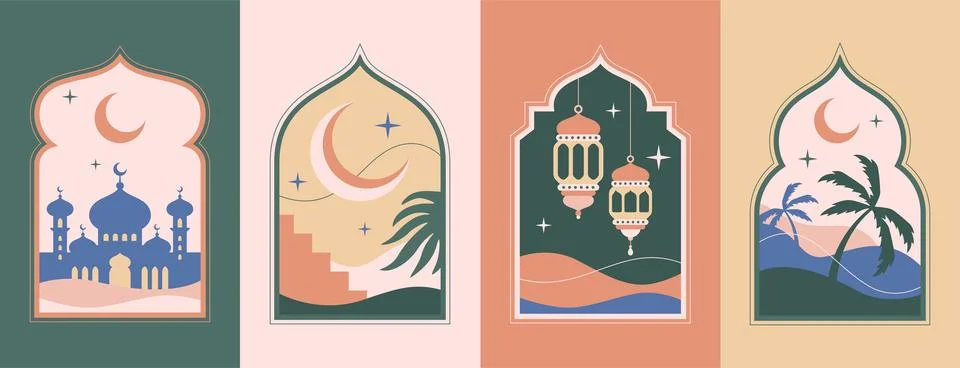 Islamic windows shape, muslim architecture doors and mosque arches in old Stock Illustration