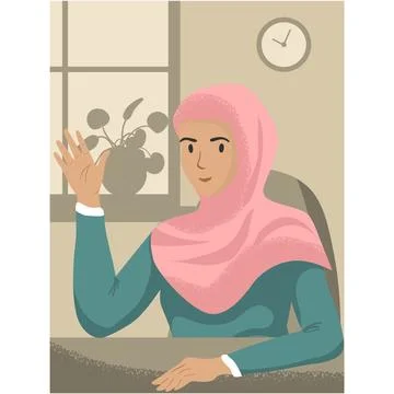 Islamic woman at table gesturing hello vector 库存插图