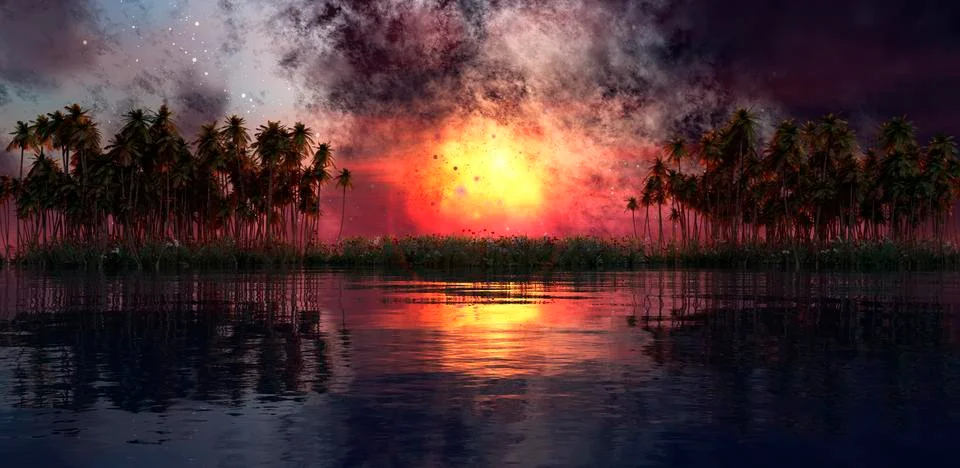 Island and sunset Stock Illustration
