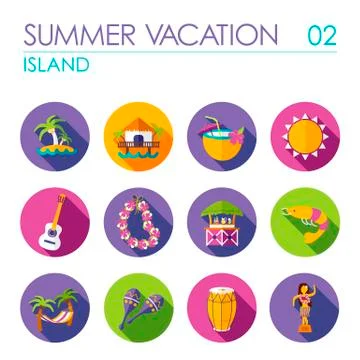 Island beach flat icon set. Summer. Vacation Stock Illustration