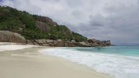 Island beach in indian ocean on seychelles Stock Footage