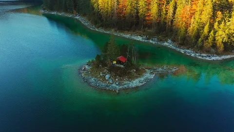 Island Cabin in Lake Eibsee Stock Footage 104804281