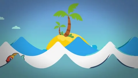 Island with cartoon moving waves. Beach Island in the middle of the sea Stock Footage 282240653