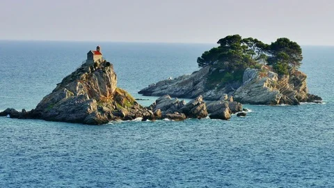 Island with a Church on the Top of a Rock Stock Footage