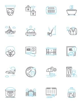 Island getaways linear icons set. Seclusion, Paradise, Beach, Adventure Stock Illustration