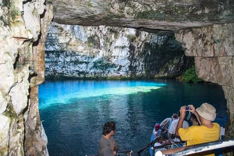 On the island of Kephalonia, Melissani Lake was the Cave of the Nymphs Stock Photos