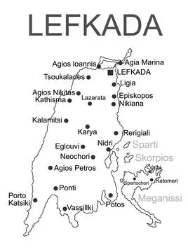 Island of Lefkada in Greece vector map line contour  silhouette Stock Illustration