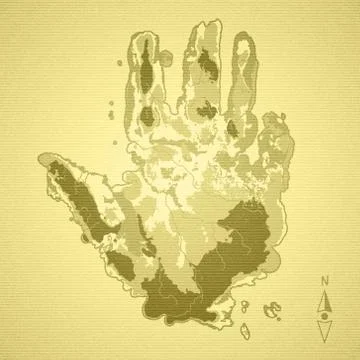 Island map in the shape of palm hand on paper Stock Illustration