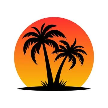 Island palm tree and sun icon. Tropical black silhouette jungle plants. Vector Stock-Illustration