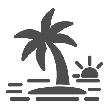 Island with a palm tree solid icon, Summer concept, sunset sign on white Stock Illustration