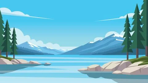 Island Pines Lake Flat Design Illustration View Stock Illustration