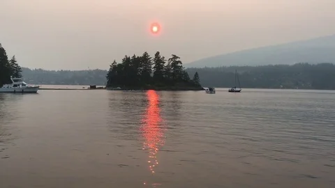 Island Red Sunset created by forest fire smoke Stock-Footage 78738203