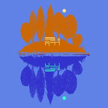 An island with a reflection illuminated by moonlight Stock Illustration