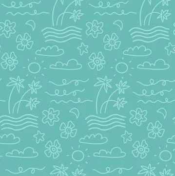 Island seamless pattern in the summer mood with waves, clouds, flowers, palm Stock Illustration