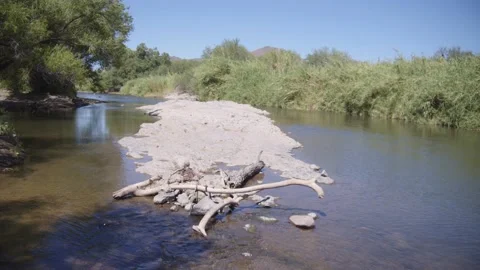 Island in Shallow Desert River Video stock 200800700