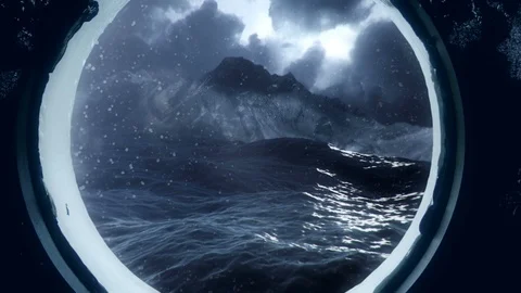 Island Through a Ship Window in the Ocean with Waves and Storm Stock Footage 89853965