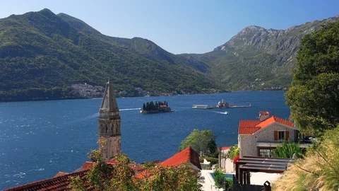 Islands in the Bay of Kotor. View of the Islands from Perast Montenegro.  Stock Footage 127942953