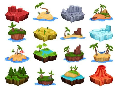 Islands for Computer Game with Desert, Forest, Tropical Beach, Ice, Mountain and Stock Illustration