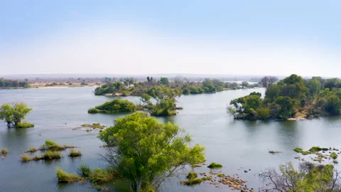 Islands on the Zambezi River Aerial Zambia Zimbabwe Stock Footage