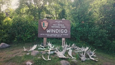 Isle Royale Windigo Sign with Moose Antlers Stock Footage 344002900