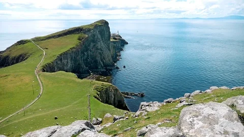 Isle of Skye, Neist Point with cliffs and lighthouse Stock Footage 111057302