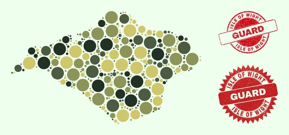 Isle of Wight Map Composition with Khaki Military Round Elements with Scratched Illustrazione stock