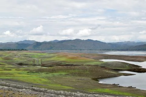 Islets form within the lake when water recede during long summer Stock Photos