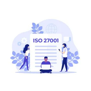 ISO 27001 certification and people, vector art Ilustração Stock