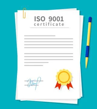 ISO certificate, 9001 document with a gold seal Illustrazione stock