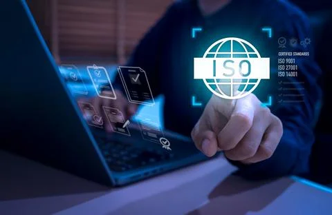 ISO certification concept with businessman using digital interface for comp.. Фото