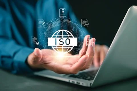 ISO certification quality control process shows business professional holdi.. Stockfoto's
