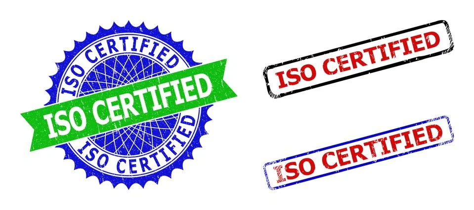 ISO CERTIFIED Rosette and Rectangle Bicolor Badges with Unclean Surfaces Stock Illustration