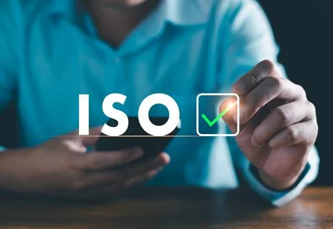 ISO quality control certificate concept. Businessman show high ISO quality as Stock Photos