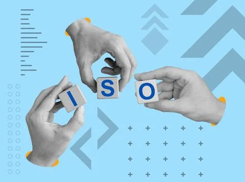 ISO standards and certification concept. Collage with hands holding cubes. Stock Illustration