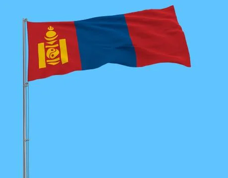 Isolate flag of Mongolia on a flagpole fluttering in the wind on a blue backg Stock Illustration