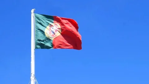 Isolate flag of Portugal on a flagpole fluttering in the wind - slow motion Stock Footage 109493971
