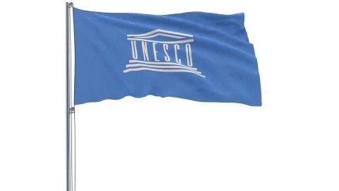 Isolate flag of the UNESCO on a flagpole fluttering in the wind on a white Stockillustratie
