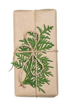Isolate gift box made of craft paper decorated with branch thuja Stock Photos