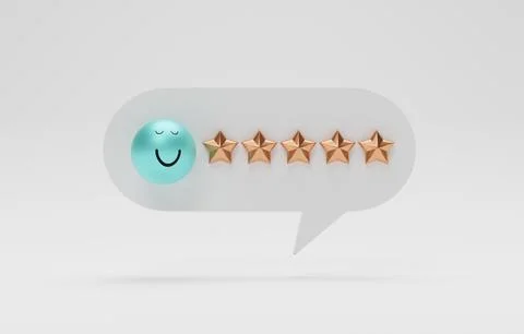 Isolate of golden five stars inside message box with smile face , Customer .. Ilustración de archivo