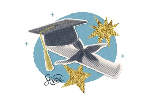 Isolate halftone Collage with diploma scroll , graduation cap and golden glitter Stock Illustration