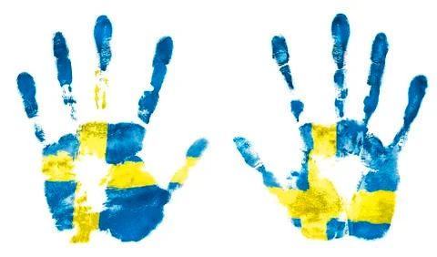 Isolate the imprint of two hands in the colors of the Swedish flag Stock Photos