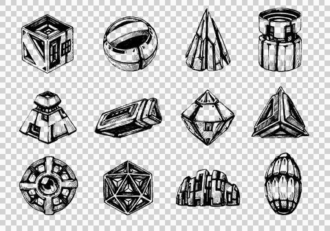 Isolate mysterious geometric boxes and ancient relics Stock Illustration