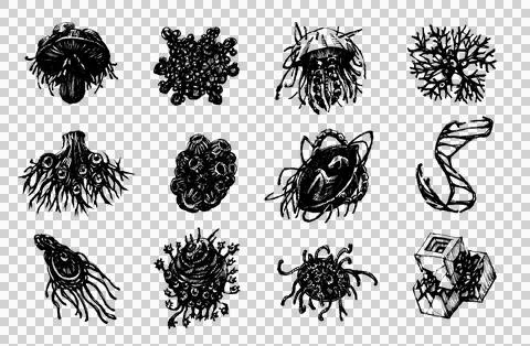Isolate mysterious organisms and microbiological creature doodles イラスト素材